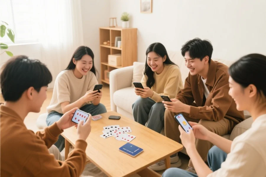 一组年轻人在温馨明亮的客厅中围坐，手持手机愉快地畅玩扑克应用，画面温馨友好，突出社交与互动氛围